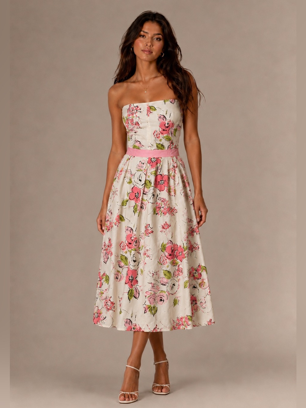 LOFT White Strapless Dress with Pink Waist Tie